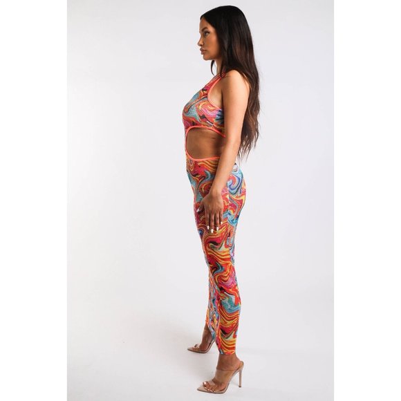 Womens Marble Print Fishnet Cut-Out Midi Long Dress Bodycon Sleeveless Crew Neck - Picture 7 of 12